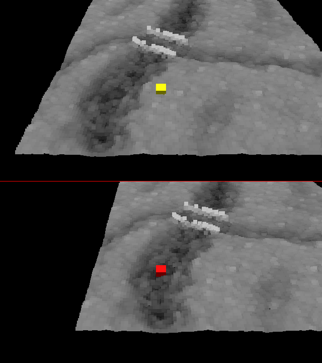 Yellow = not-in-mud, Red = in-mud. Graphics are just for debugging purposes / to visualize the height-map.