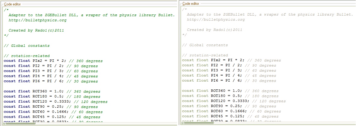 Left part - code editor before applying style, right part - after.